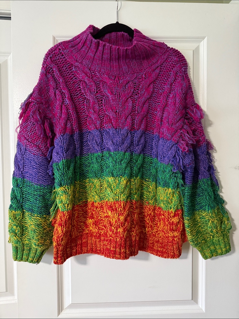 FARM Rio Vibrant Rainbow Cable-Knit Turtleneck Sweater - Size M